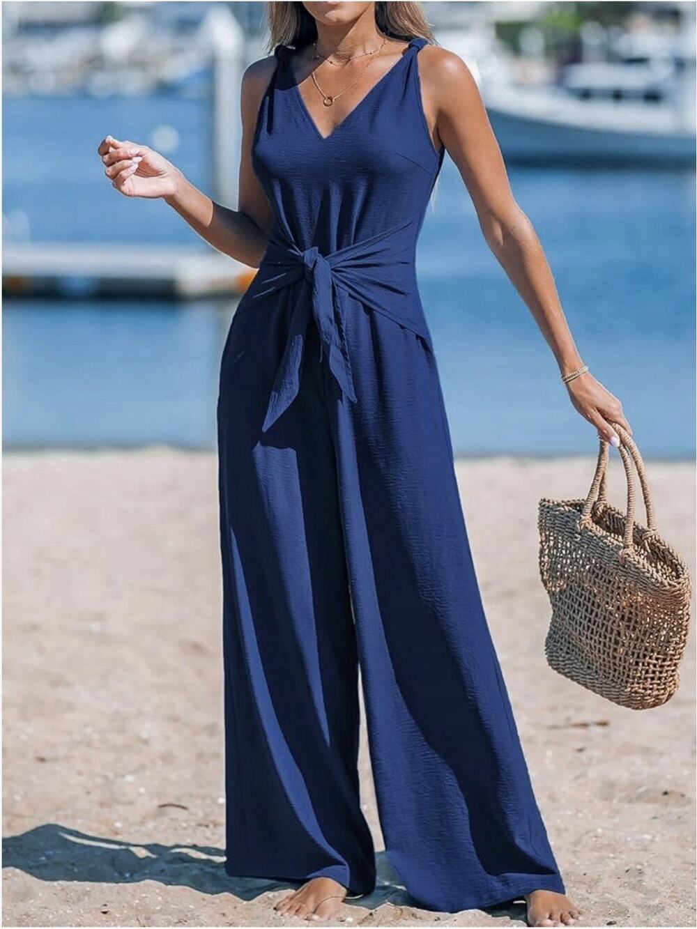 Cupshe Women's Blue Sleeveless V-Neck Wide-Leg Jumpsuit Tie Waist Pockets M
